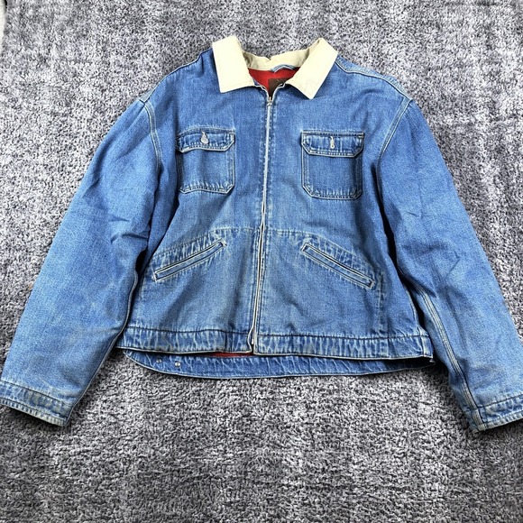 Gap Blue Jeans Jacket Mens XL Blue Denim T-Bird Patch Lined Bomber Workwear - Picture 3 of 12